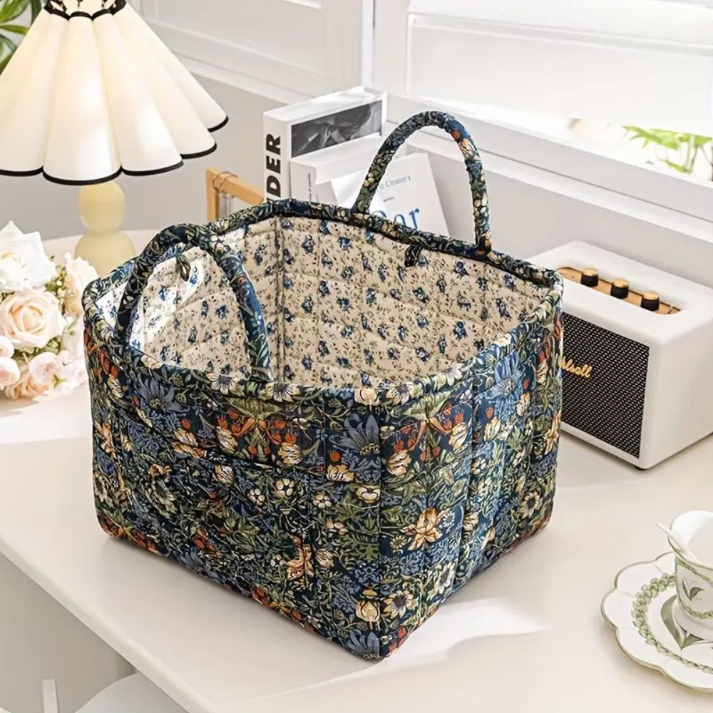Storage Basket | Quilted Floral Print, Twin Carry Handles