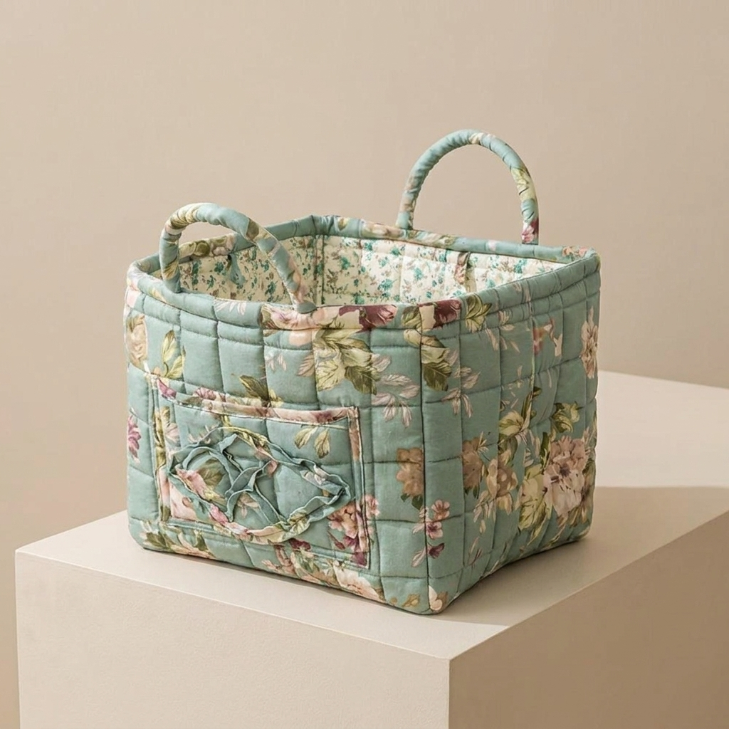 Storage Basket | Quilted Floral Print, Twin Carry Handles
