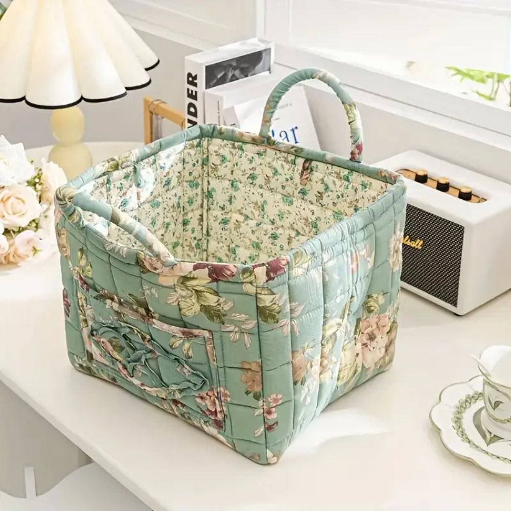 Storage Basket | Quilted Floral Print, Twin Carry Handles