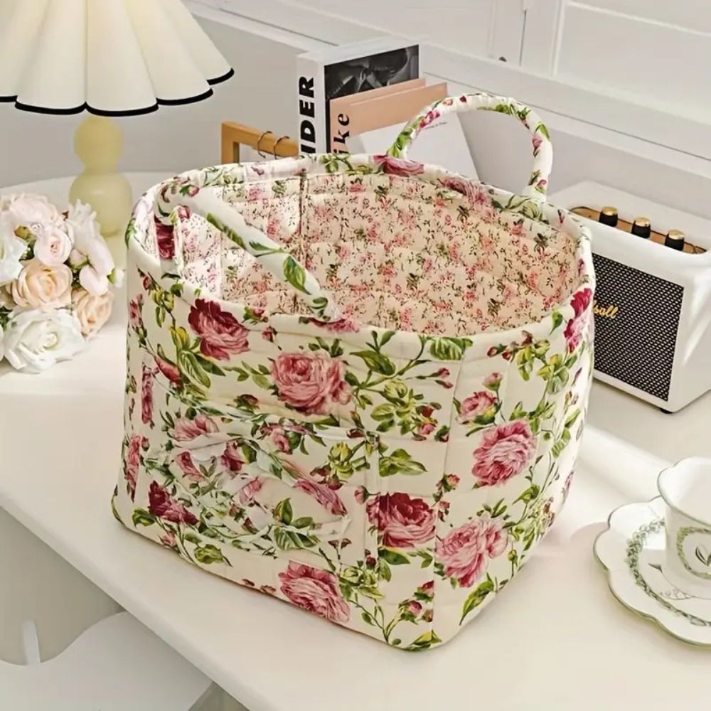 Storage Basket | Quilted Floral Print, Twin Carry Handles