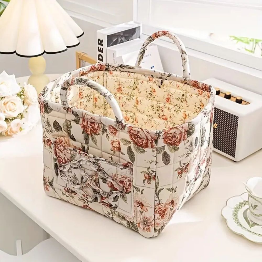 Storage Basket | Quilted Floral Print, Twin Carry Handles