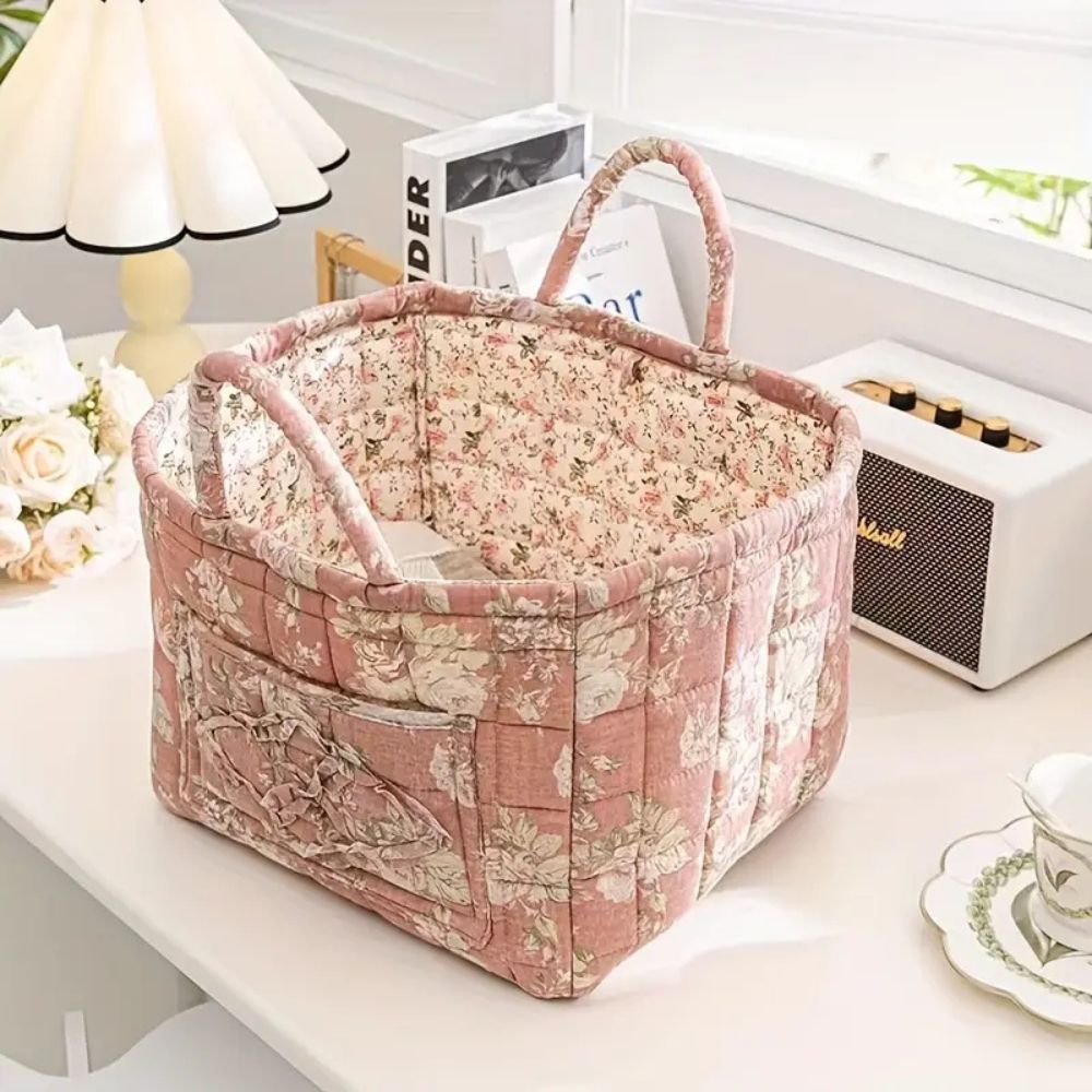 Storage Basket | Quilted Floral Print, Twin Carry Handles