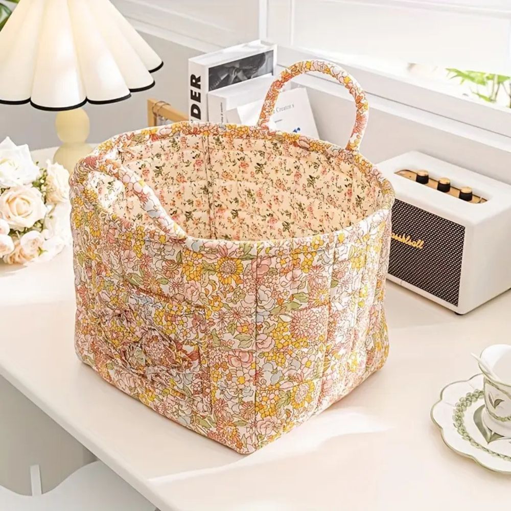 Storage Basket | Quilted Floral Print, Twin Carry Handles