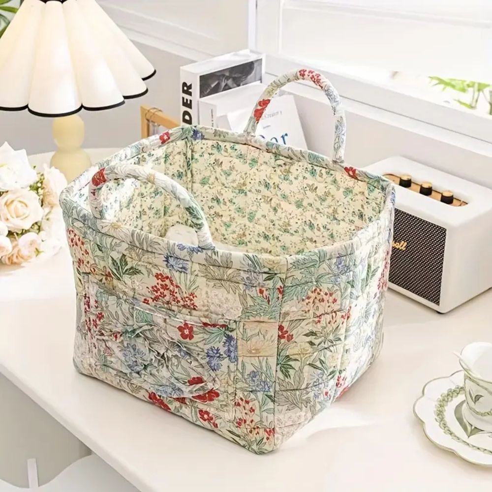 Storage Basket | Quilted Floral Print, Twin Carry Handles