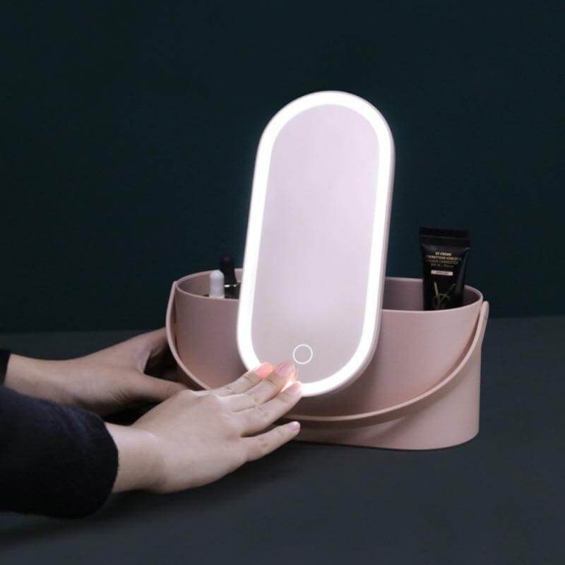 Storage Mirror LED Cosmetic Rechargeable Portable with Touch Dimming
