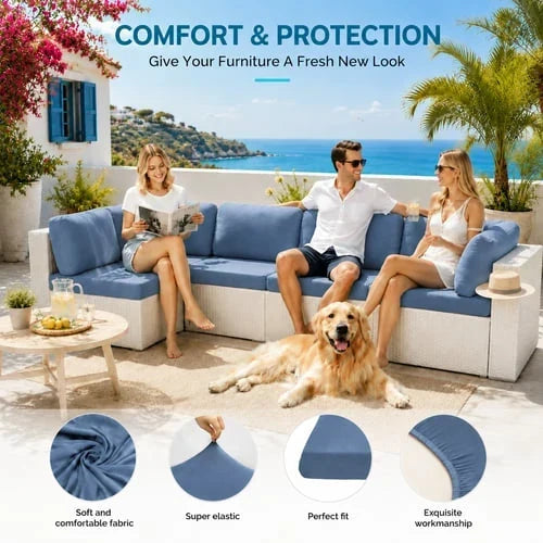 Stretch Cushion Covers Polyester | Fits Most Outdoor Cushions, Set of 4 | Elastic Hem Stops Slipping & Sliding