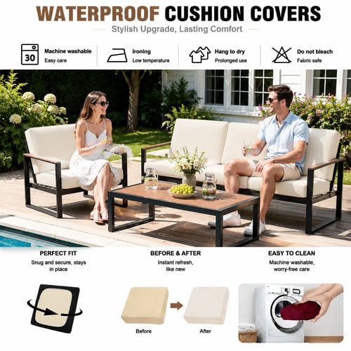 Stretch Cushion Covers Polyester | Fits Most Outdoor Cushions, Set of 4 | Elastic Hem Stops Slipping & Sliding