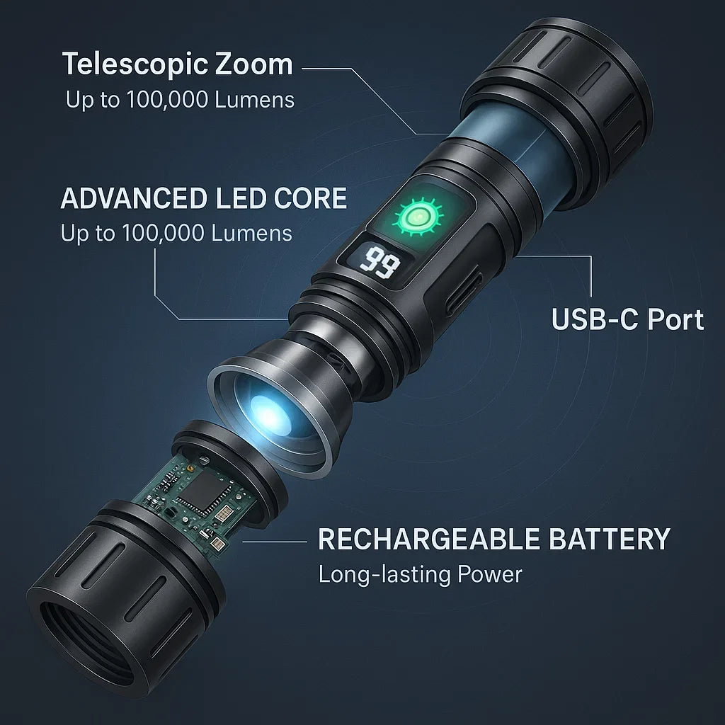 Tactical LED Flashlight Rechargeable | 100000 Lumen Zoomable Torch | 5000mAh Power Bank, IPX5 Waterproof for Camping & Emergencies