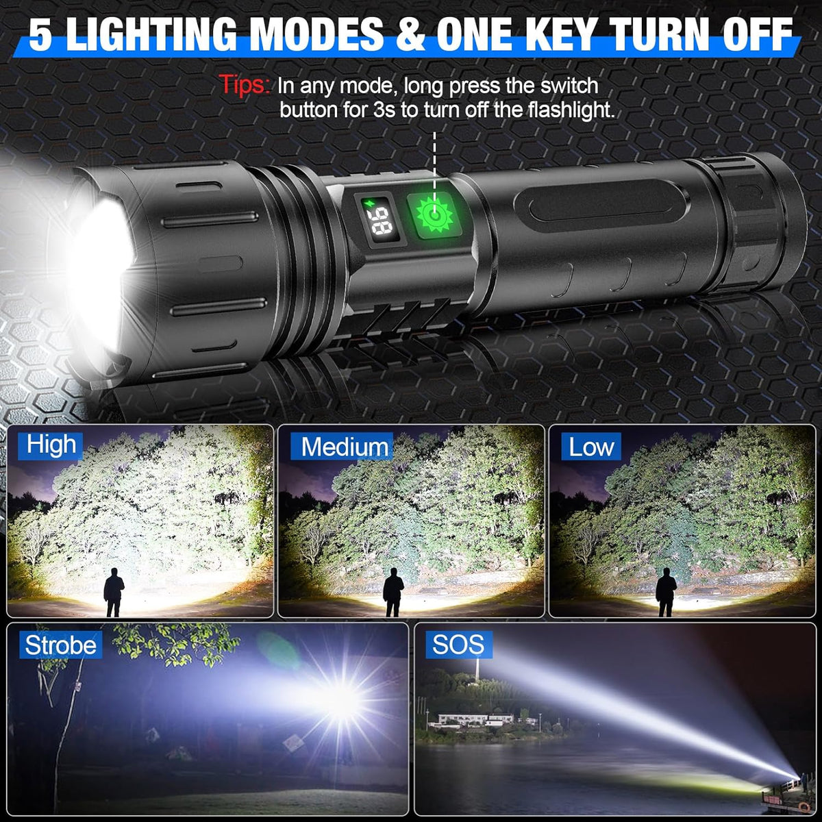 Tactical LED Flashlight Rechargeable | 100000 Lumen Zoomable Torch | 5000mAh Power Bank, IPX5 Waterproof for Camping & Emergencies