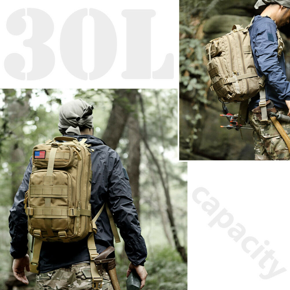 Tactical Rucksack Waterproof Fabric | 30 Litre Capacity, 45 x 23 x 25 cm | MOLLE Webbing, Compression Straps & Padded Back