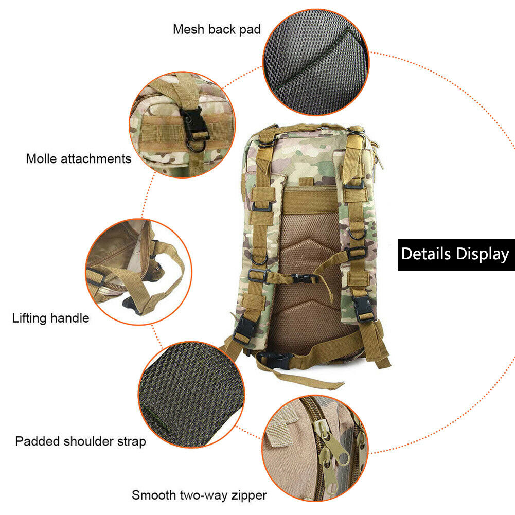 Tactical Rucksack Waterproof Fabric | 30 Litre Capacity, 45 x 23 x 25 cm | MOLLE Webbing, Compression Straps & Padded Back