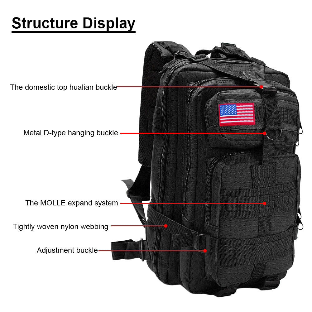 Tactical Rucksack Waterproof Fabric | 30 Litre Capacity, 45 x 23 x 25 cm | MOLLE Webbing, Compression Straps & Padded Back