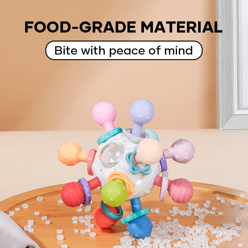 Teething Rattle Toy Silicone & Plastic | 12 Textured Chew Points, Crackle Sound | BPA-Free Sensory Toy for Babies