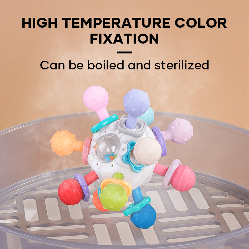 Teething Rattle Toy Silicone & Plastic | 12 Textured Chew Points, Crackle Sound | BPA-Free Sensory Toy for Babies