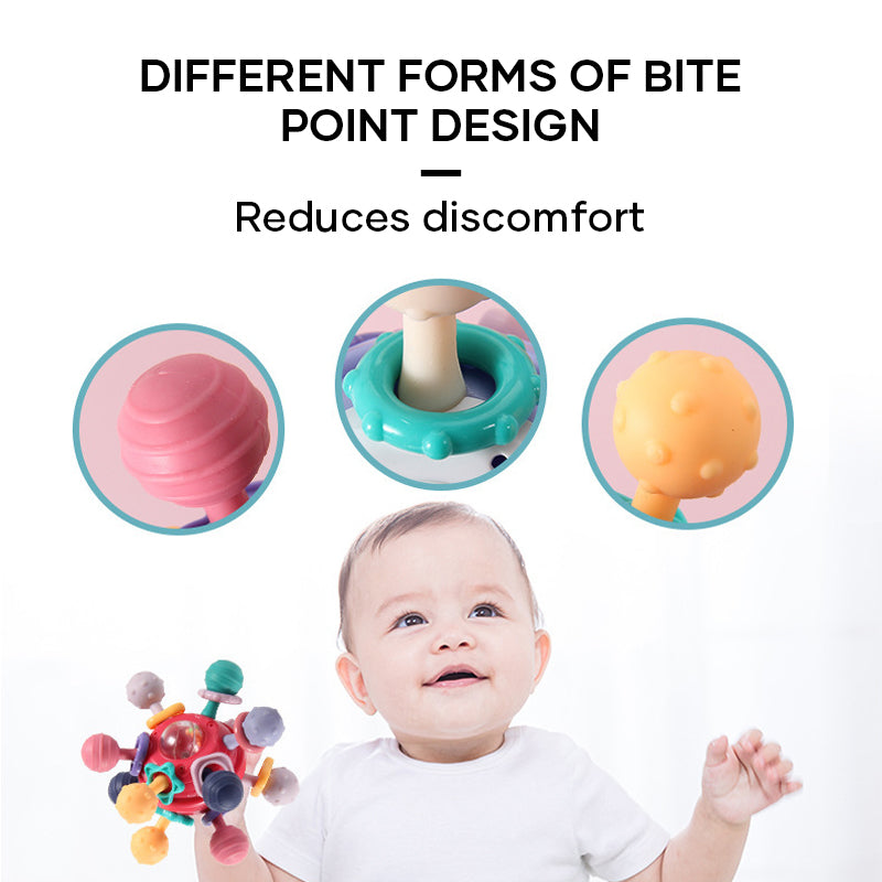 Teething Rattle Toy Silicone & Plastic | 12 Textured Chew Points, Crackle Sound | BPA-Free Sensory Toy for Babies