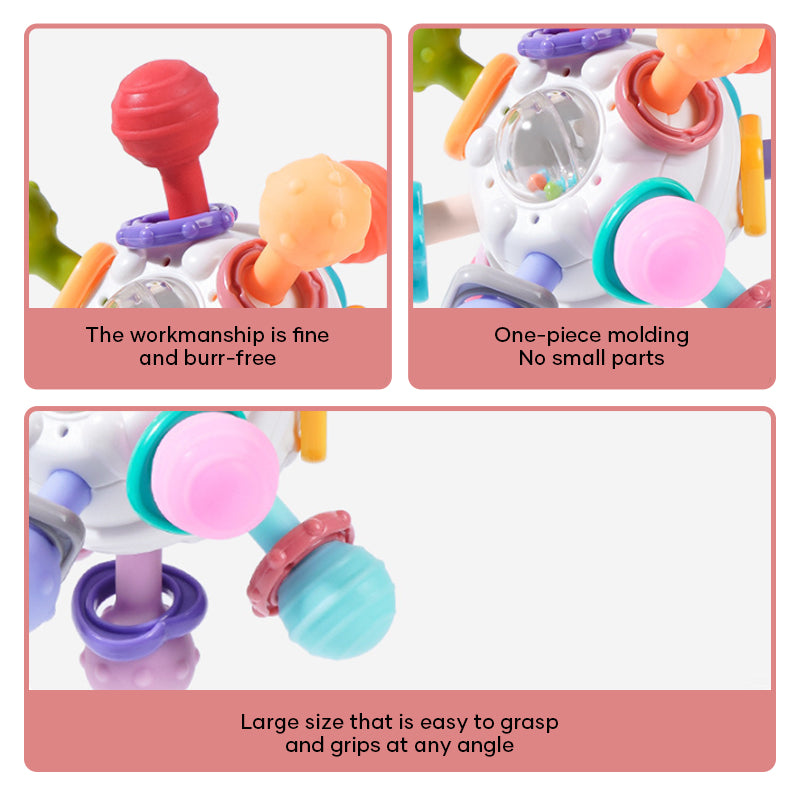 Teething Rattle Toy Silicone & Plastic | 12 Textured Chew Points, Crackle Sound | BPA-Free Sensory Toy for Babies