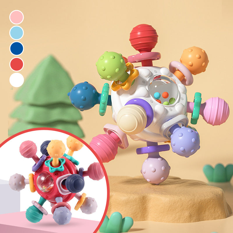 Teething Rattle Toy Silicone & Plastic | 12 Textured Chew Points, Crackle Sound | BPA-Free Sensory Toy for Babies