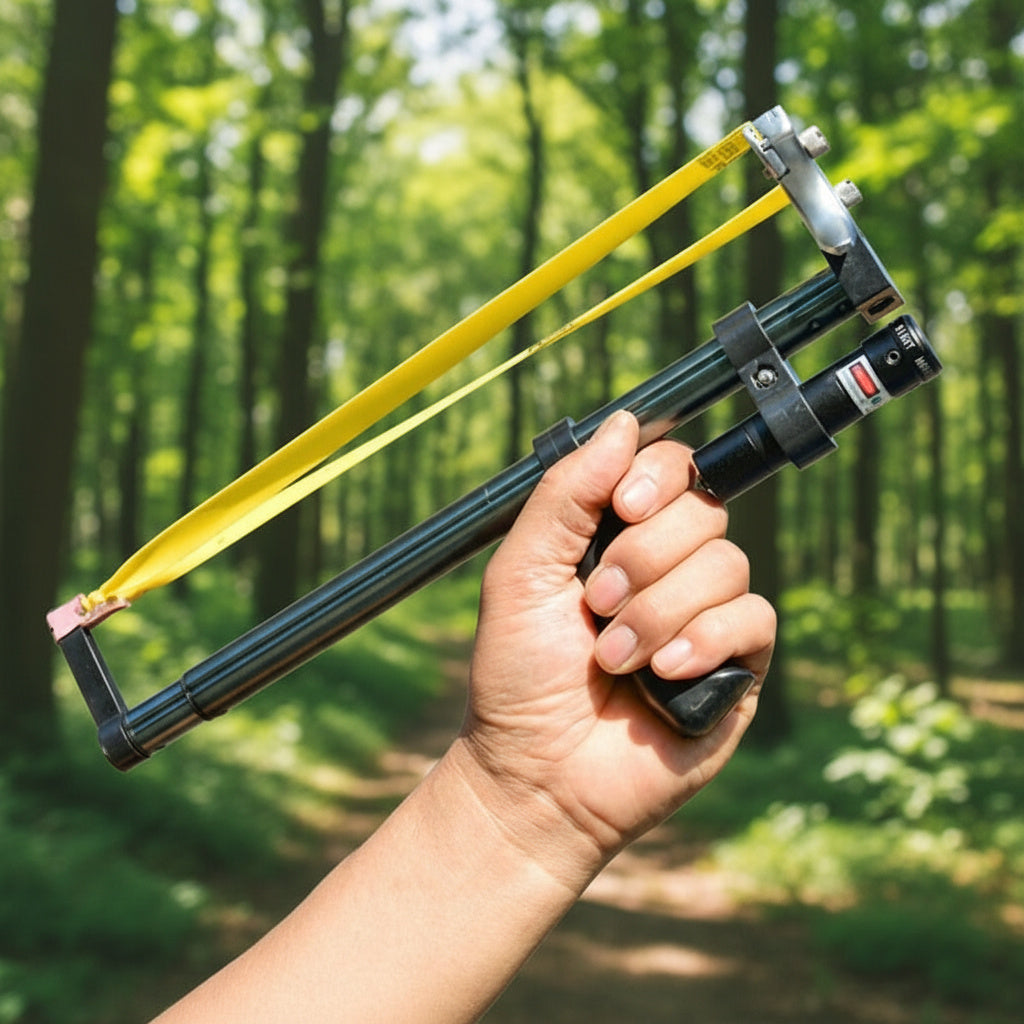 Telescopic Slingshot with Laser Sight | 3-Level Extendable Rod, 30 m Range | Metal Head, Aviation Aluminium Build