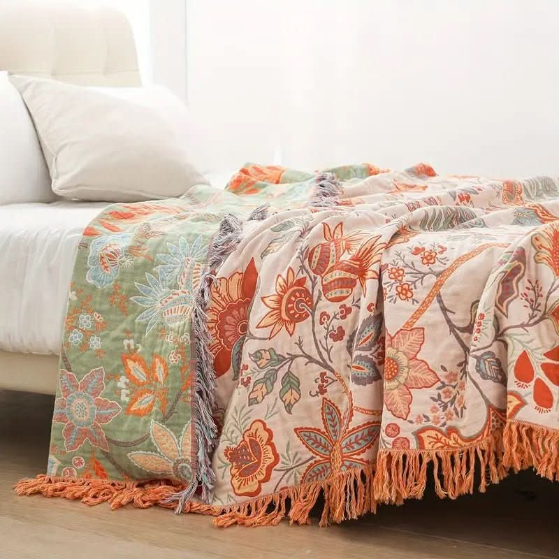 Throw Blanket | Woven Floral With A Tasselled Edge