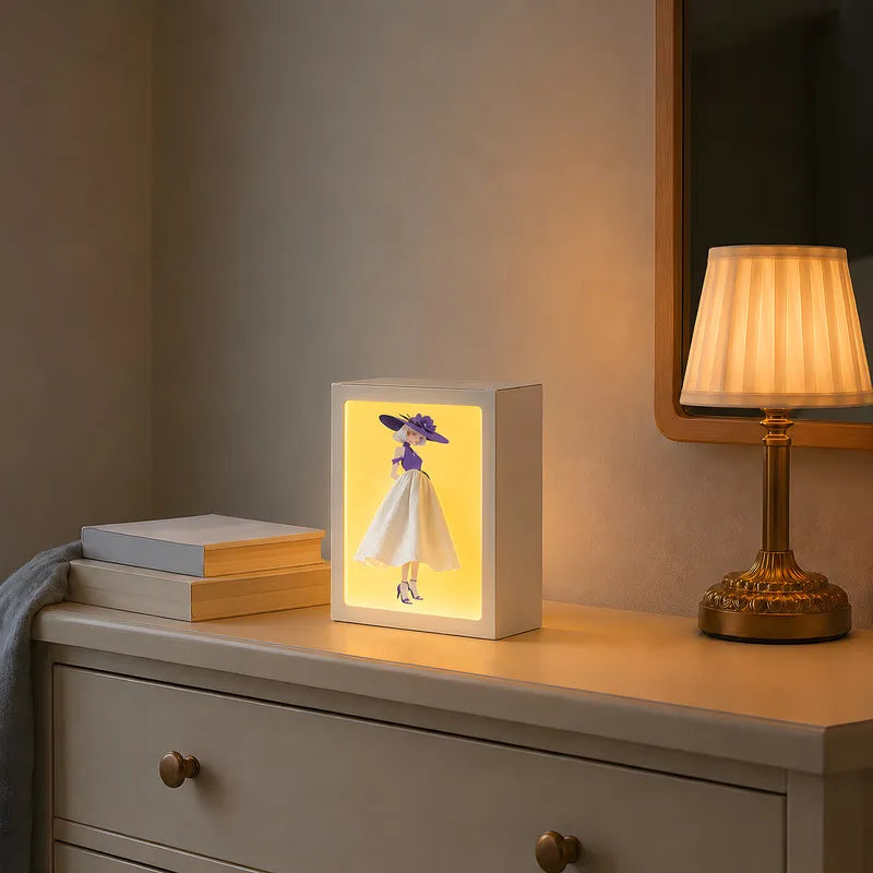 Tissue Box Cover with Dress Illustration | Touch-Sensitive Ambient Light | ABS, 20 x 15 x 10 cm, Ballerina or Couture Insert