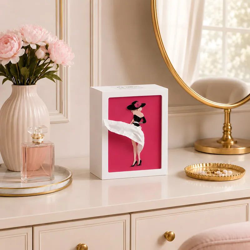 Tissue Box Cover with Dress Illustration | Touch-Sensitive Ambient Light | ABS, 20 x 15 x 10 cm, Ballerina or Couture Insert