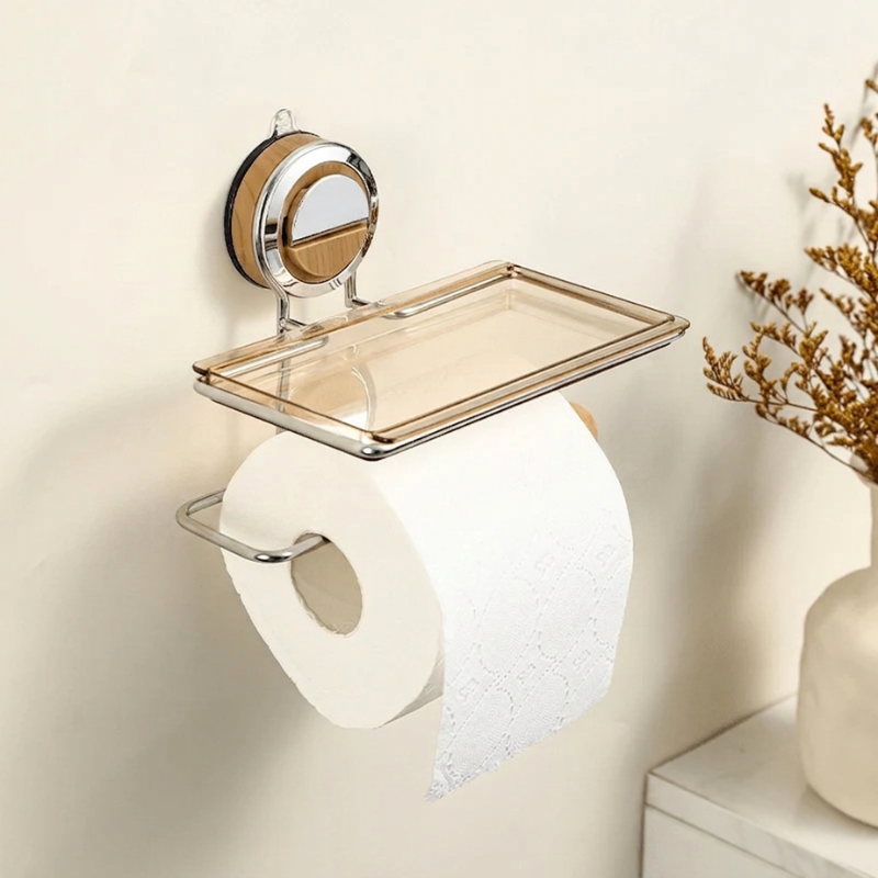 Toilet Paper Holder | Top Tray Shelf, Lever Suction Mount