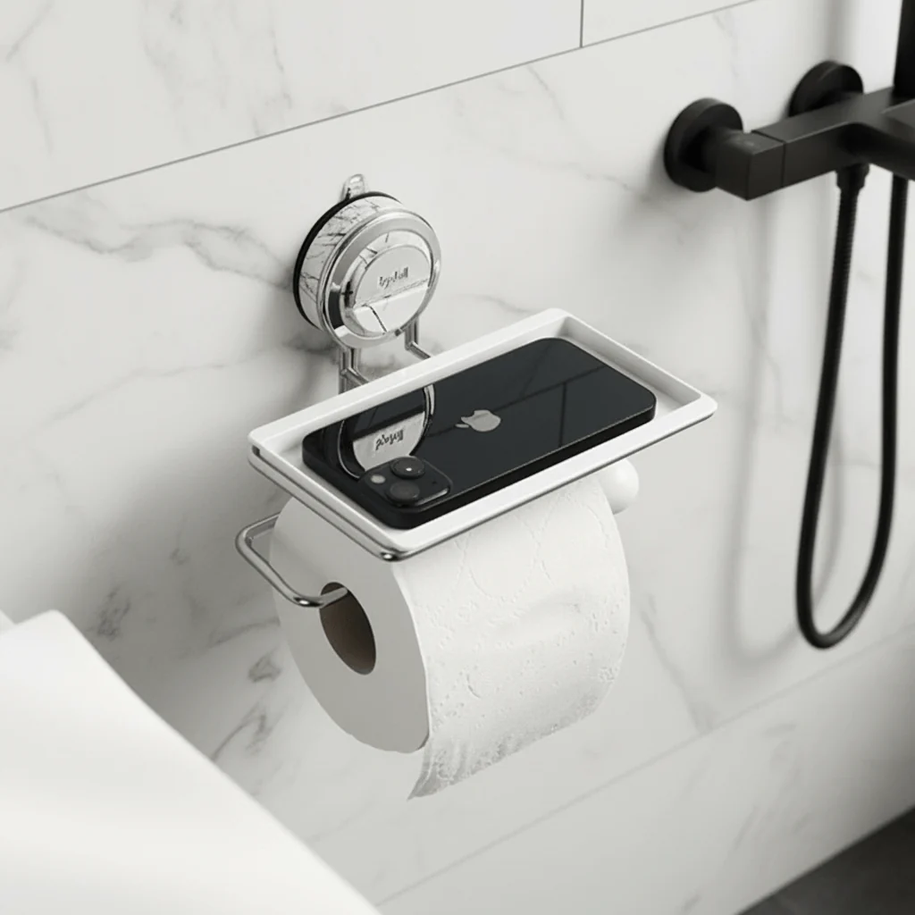 Toilet Paper Holder | Top Tray Shelf, Lever Suction Mount