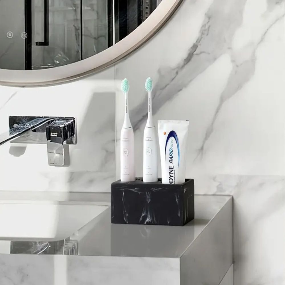 Toothbrush Holder Resin 14 x 6 x 9 cm | Matte Finish Freestanding Design | Charcoal Swirl & Ivory Swirl Bathroom Organizer
