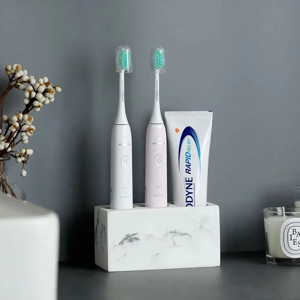 Toothbrush Holder Resin 14 x 6 x 9 cm | Matte Finish Freestanding Design | Charcoal Swirl & Ivory Swirl Bathroom Organizer
