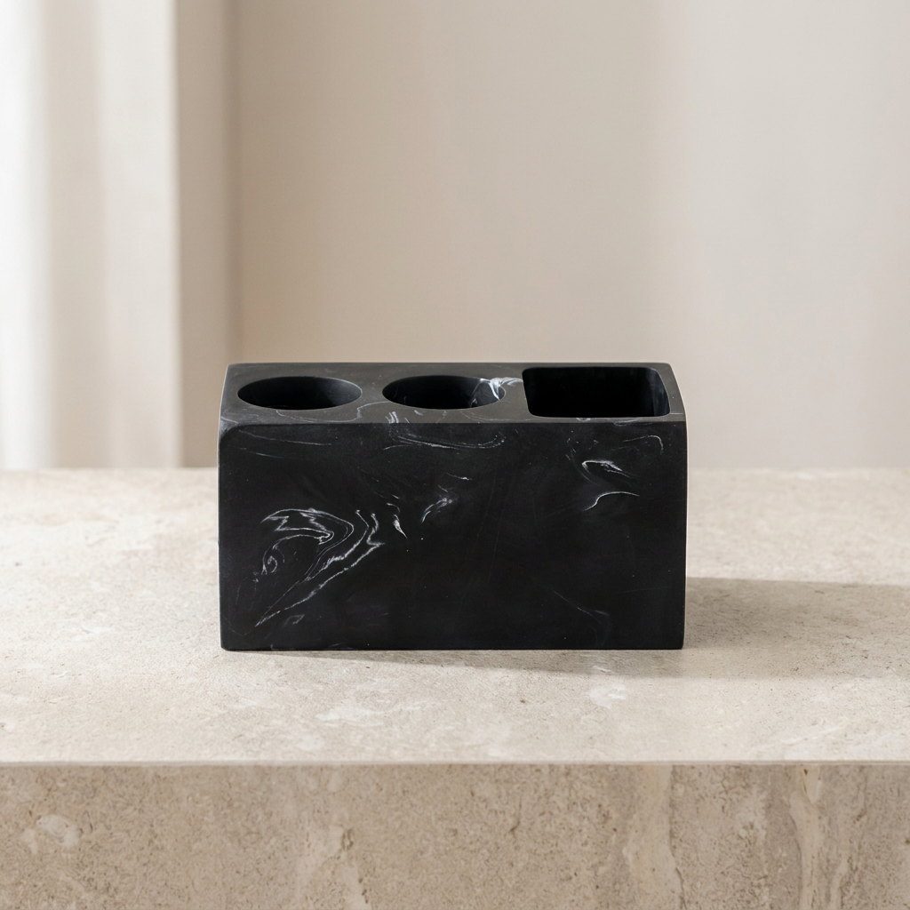 Toothbrush Holder Resin 14 x 6 x 9 cm | Matte Finish Freestanding Design | Charcoal Swirl & Ivory Swirl Bathroom Organizer