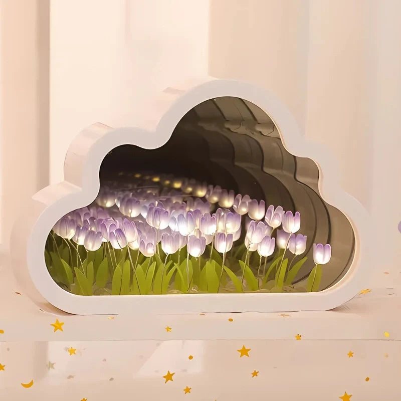 Tulip Cloud Night Light Acrylic | Mirrored Infinity Effect | 20 Warm White Tulips, Cordless, Medium & Large, 50-Hour Battery