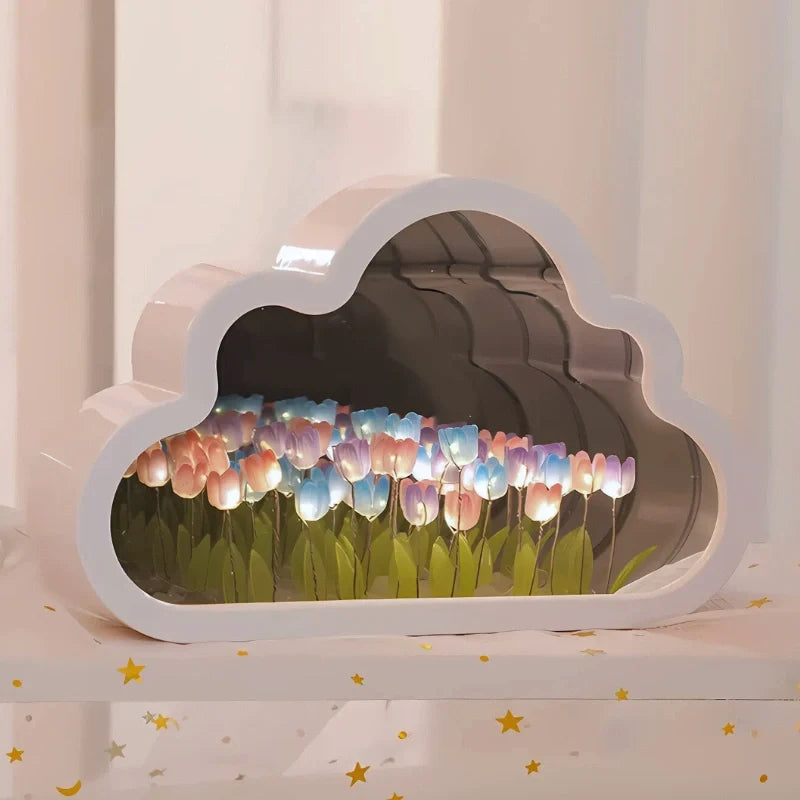 Tulip Cloud Night Light Acrylic | Mirrored Infinity Effect | 20 Warm White Tulips, Cordless, Medium & Large, 50-Hour Battery