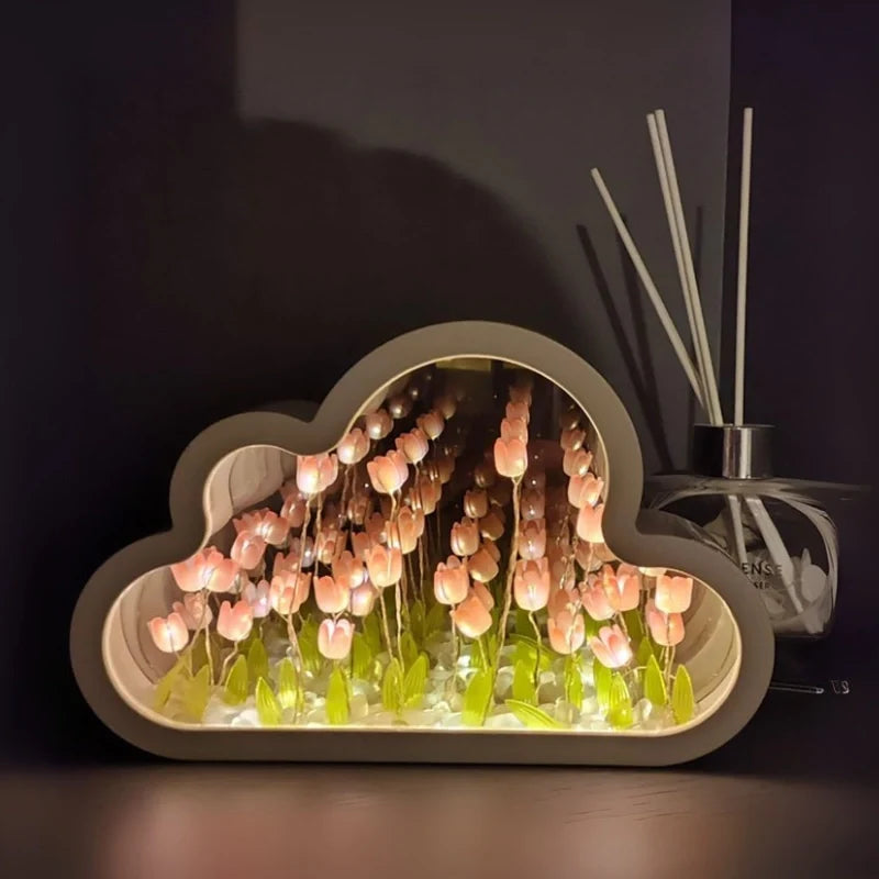 Tulip Cloud Night Light Acrylic | Mirrored Infinity Effect | 20 Warm White Tulips, Cordless, Medium & Large, 50-Hour Battery