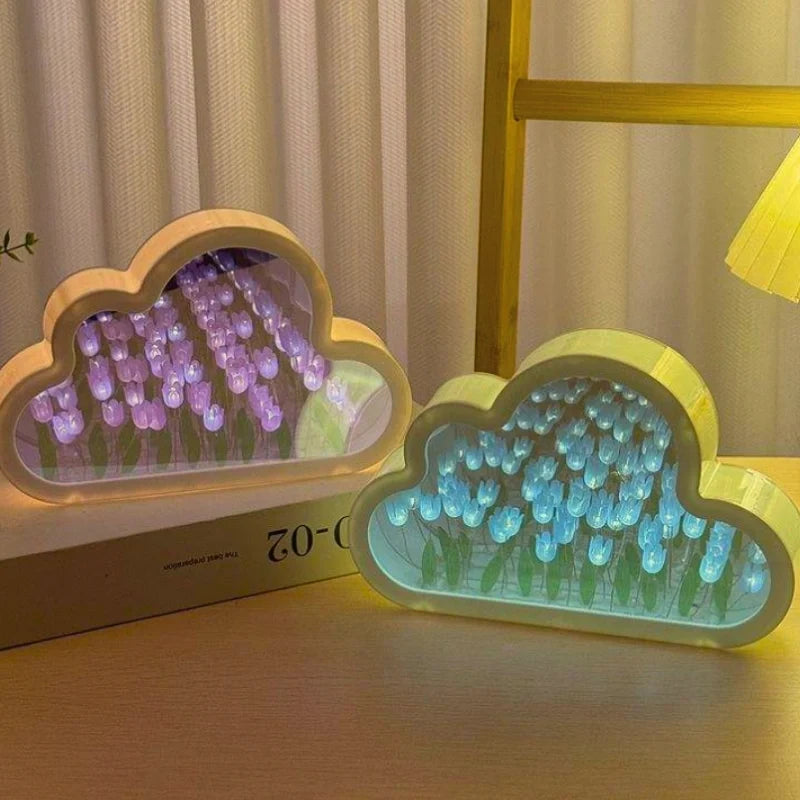 Tulip Cloud Night Light Acrylic | Mirrored Infinity Effect | 20 Warm White Tulips, Cordless, Medium & Large, 50-Hour Battery