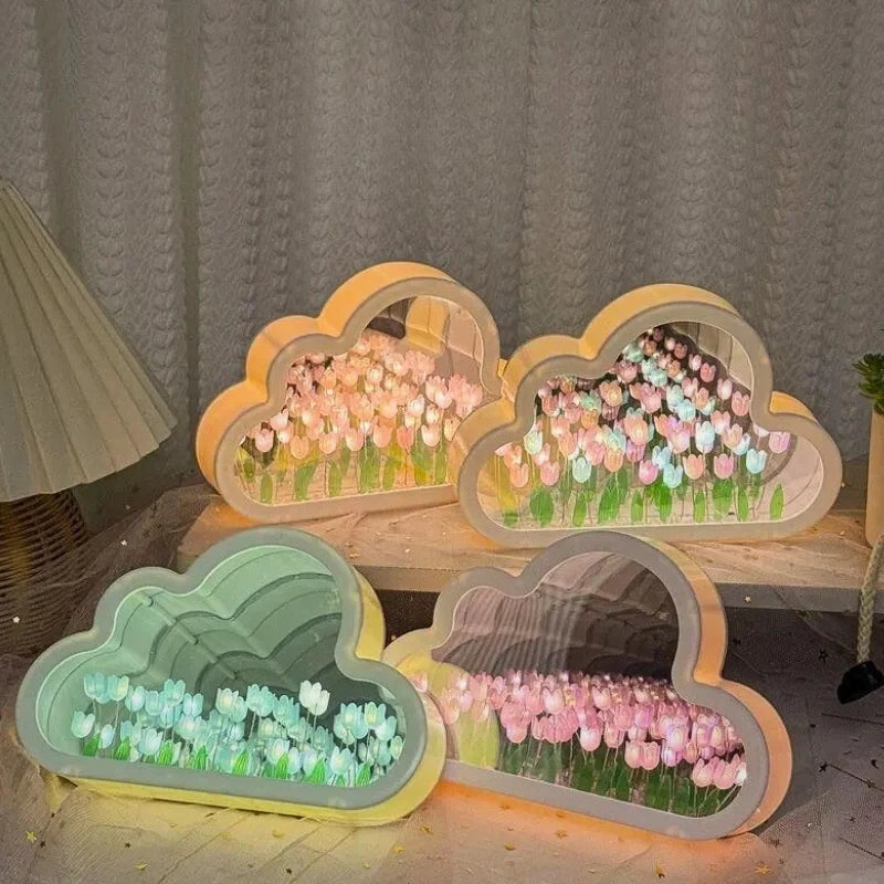 Tulip Cloud Night Light Acrylic | Mirrored Infinity Effect | 20 Warm White Tulips, Cordless, Medium & Large, 50-Hour Battery
