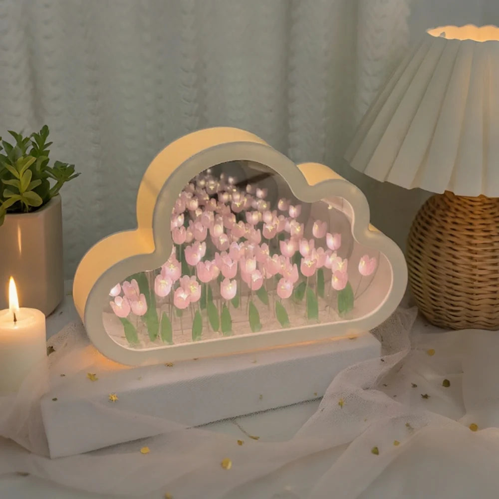 Tulip Cloud Night Light Acrylic | Mirrored Infinity Effect | 20 Warm White Tulips, Cordless, Medium & Large, 50-Hour Battery