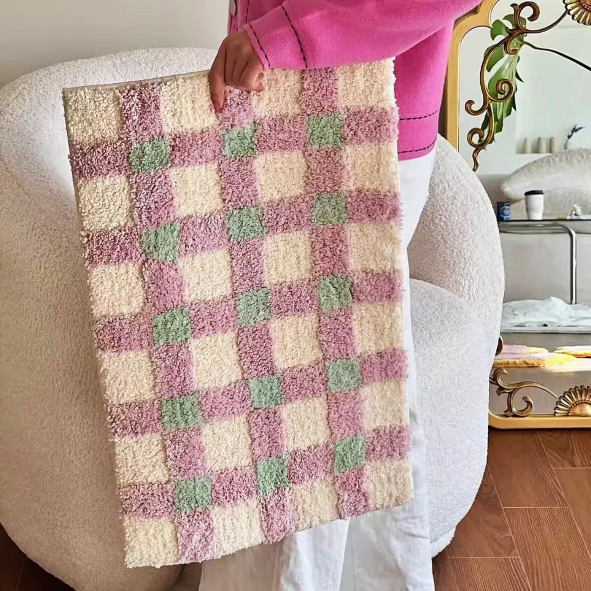 Two-Tone Grid Rug Polyester | Non-Slip TPR Base | Soft Checkered Texture for Living Room, Bedroom, Hallway or Entryway