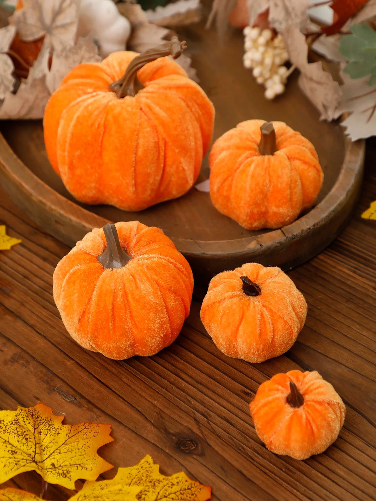 Velvet Artificial Pumpkin Autumn Décor | Plush Textured Shell with Decorative Stem | Reusable Foam-Filled Design