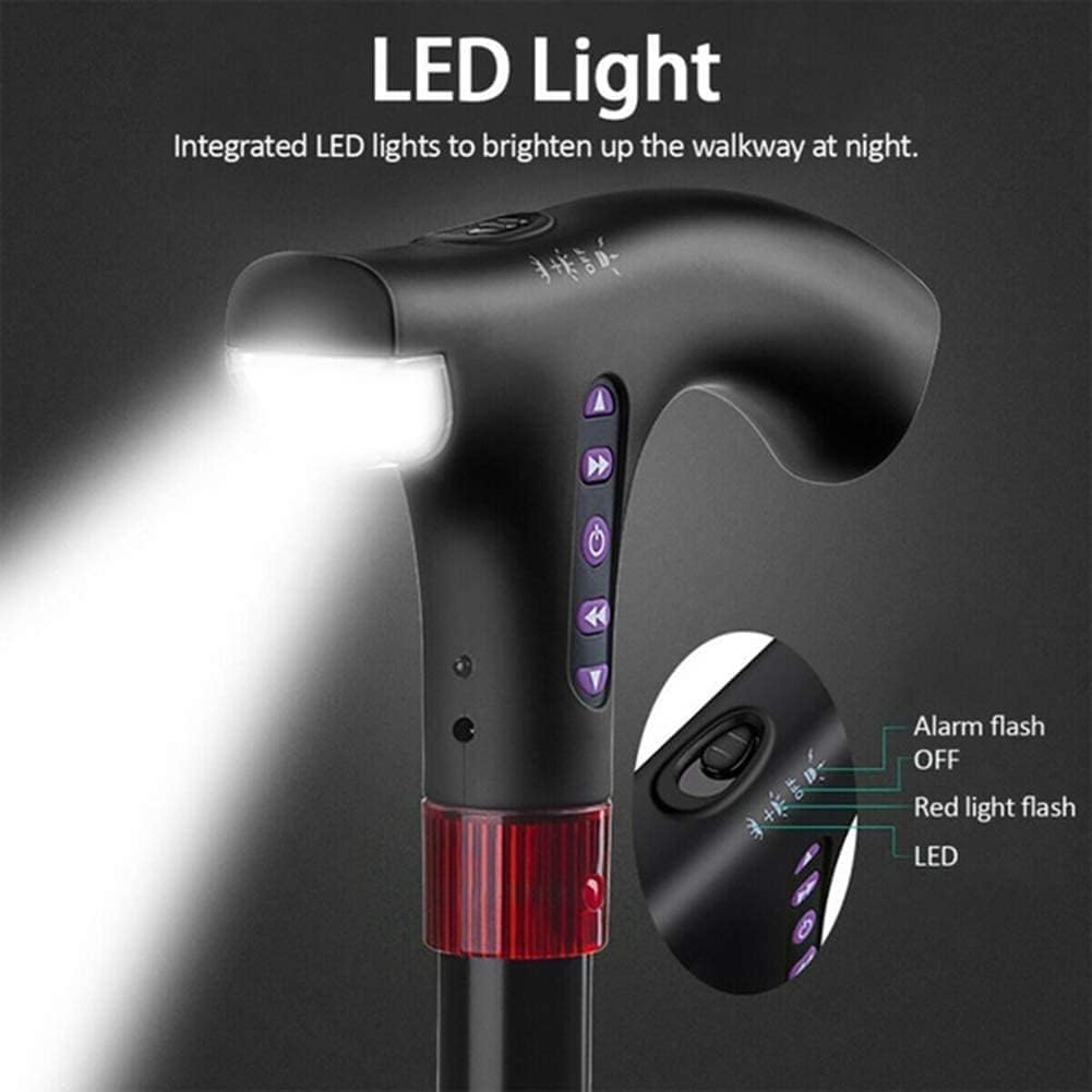 Walking Stick for Elderly | LED Torch & SOS Alarm | Adjustable 73-95.5 cm Foldable Aluminium Alloy Cane with Radio, 500 g