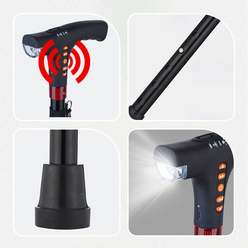 Walking Stick for Elderly | LED Torch & SOS Alarm | Adjustable 73-95.5 cm Foldable Aluminium Alloy Cane with Radio, 500 g