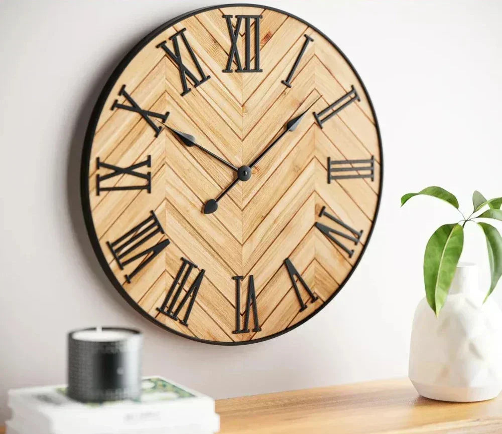 Wall Clock Metal and Wood | Roman Numerals, Rustic-Modern Style | Silent Operation, Battery Powered, 24-Inch Diameter