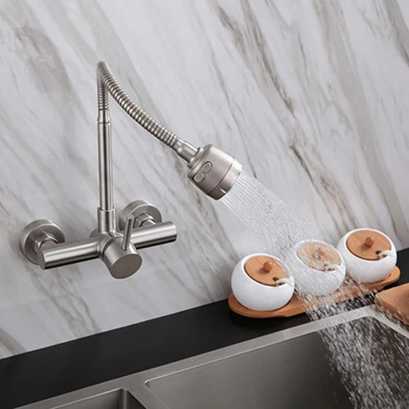 Wall Mounted Kitchen Faucet Stainless Steel | 360 Rotatable Spout, Hot and Cold Control | Corrosion Resistant Brushed Finish
