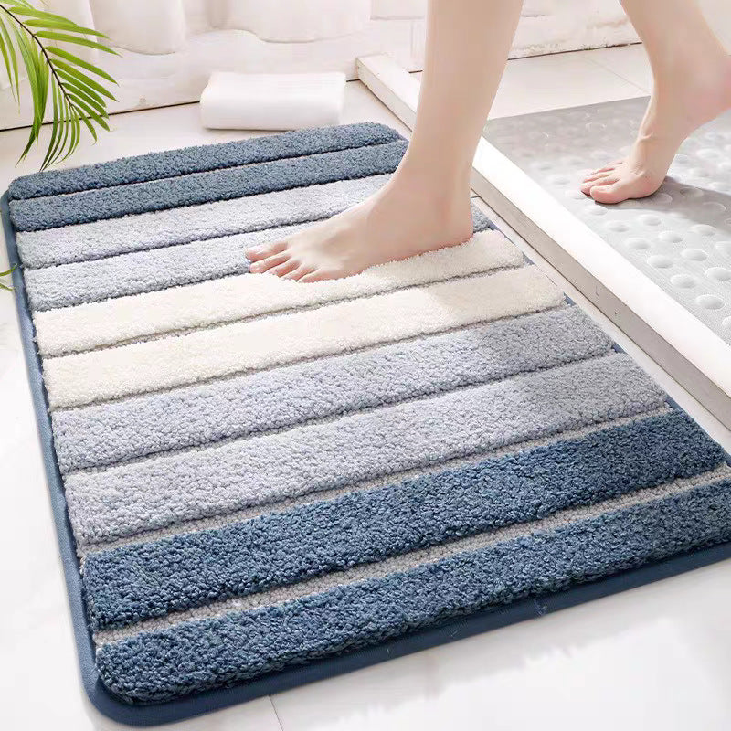 Washable Bathroom Rug Polyester | Striped Green, Grey, Blue | Absorbent Non-Slip Fluffy Pile That Cushions Every Step