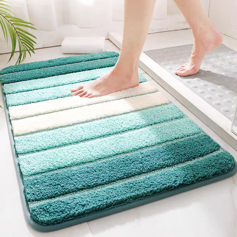 Washable Bathroom Rug Polyester | Striped Green, Grey, Blue | Absorbent Non-Slip Fluffy Pile That Cushions Every Step