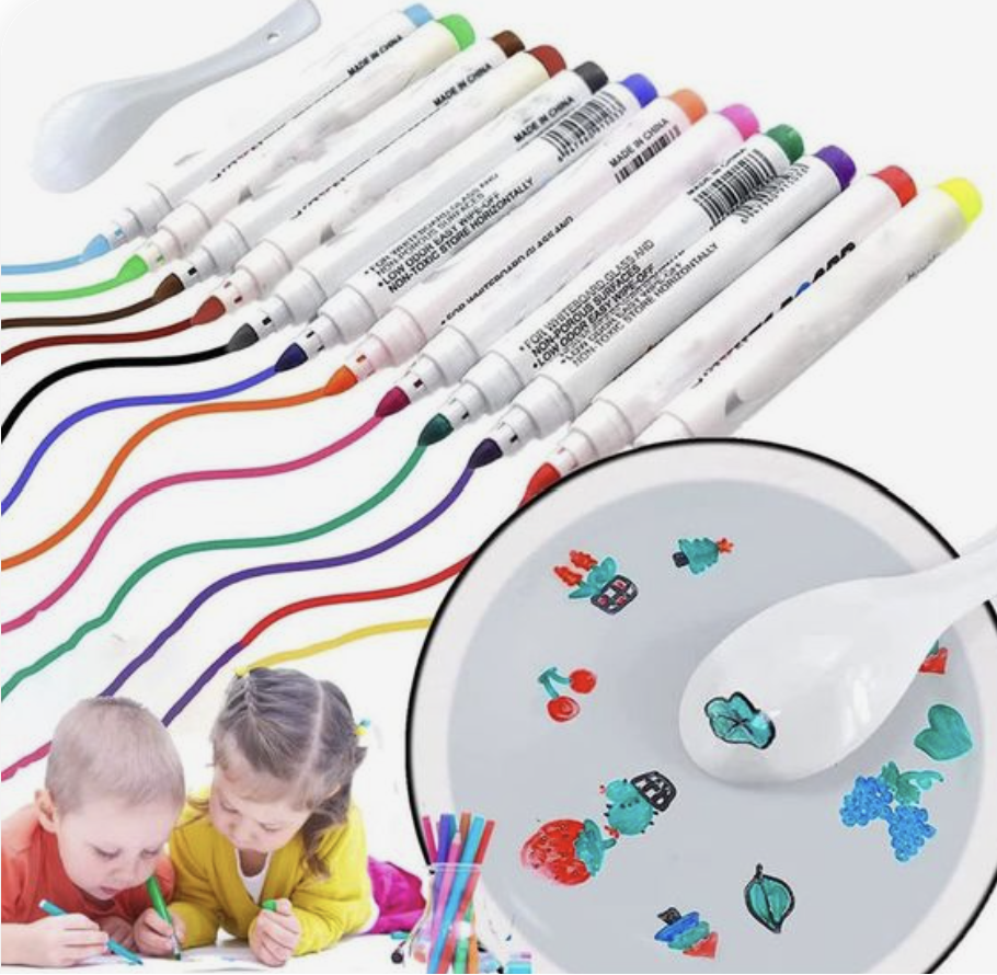 Water Marker Set 8 or 12 Pack | Ceramic Magic Spoon Included | Mess-Free Water-Floating Art & Temporary Tattoos