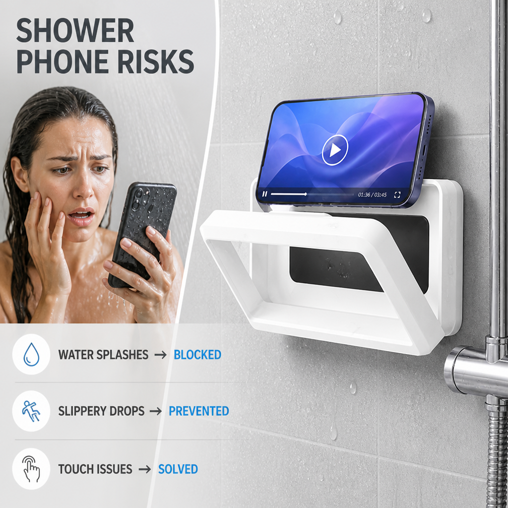 Waterproof Phone Holder Shower Self-Adhesive with Touchscreen Cover