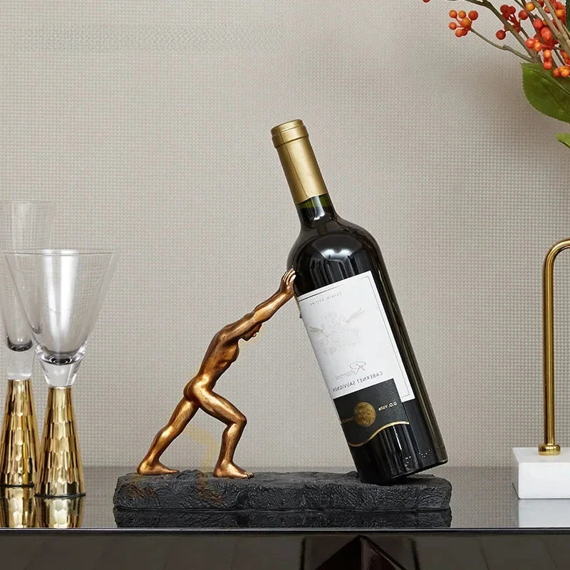 Wine Bottle Holder | Pushing Figure, Textured Slab Base