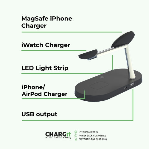 Wireless Charger 4-in-1 Magnetic Qi MagSafe Stand with LED Touch Panel