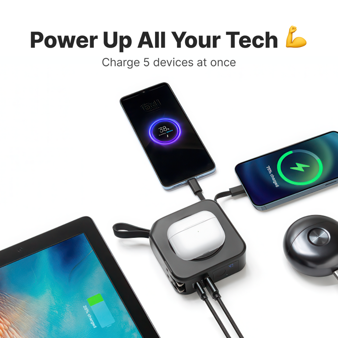 Wireless Charger Power Bank 5-in-1 Wall Plug Qi-Compatible with Built-In Cables
