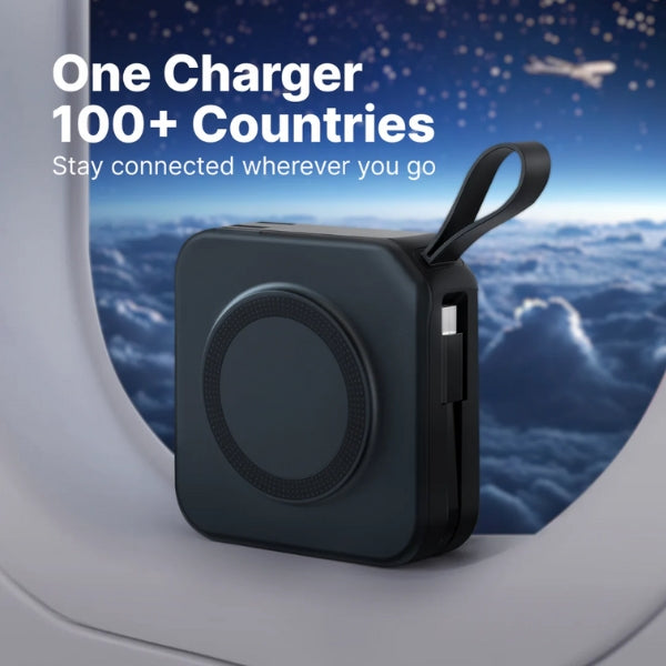 Wireless Charger Power Bank 5-in-1 Wall Plug Qi-Compatible with Built-In Cables